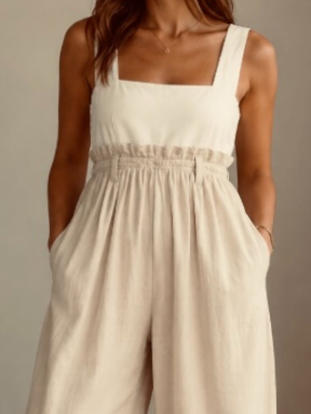 Sleeveless Two-Tone Beige and Cream Jumpsuit